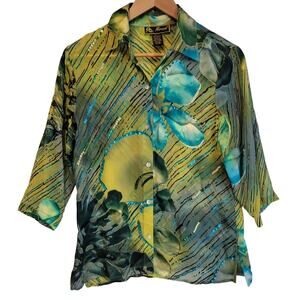 Vintage Burnout Velvet Silk Top Button‎ Sequins Artsy Floral Abstract Size S